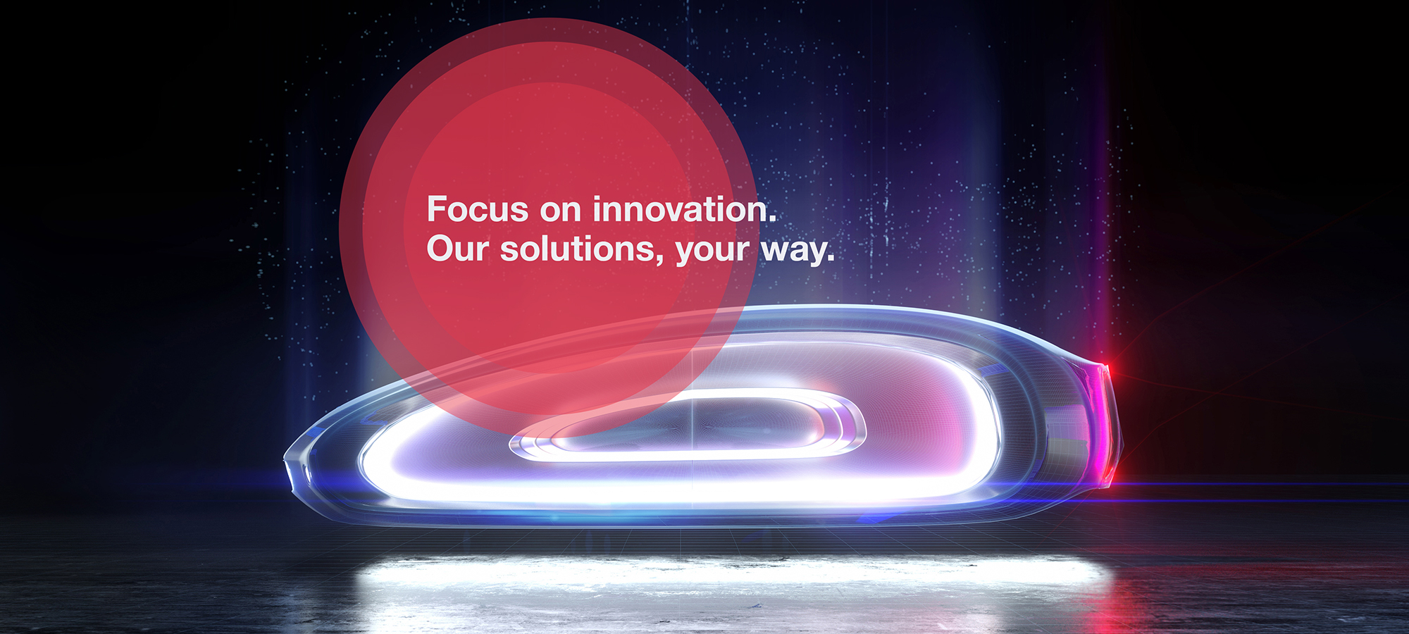 An image of a futuristic looking car that stands in a dark environment and eradiates circular beams of light. The light beams reflect on the seemingly wet surface of the ground.